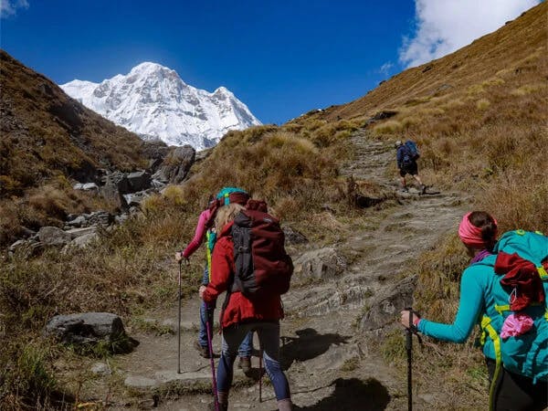 Hikers on the trail to Annapurna Base Camp, surrounded by towering Himalayan peaks