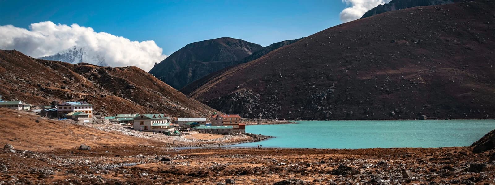 A panoramic view of the Gokyo Lakes, with snow-capped peaks in the distance