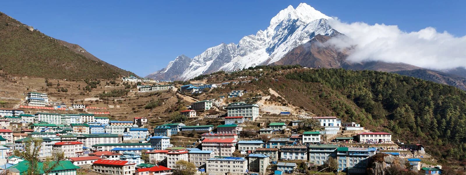 View from above of Namche Bazaar, the base of Mount Everest, which is surrounded by terraced houses and has clear skies.