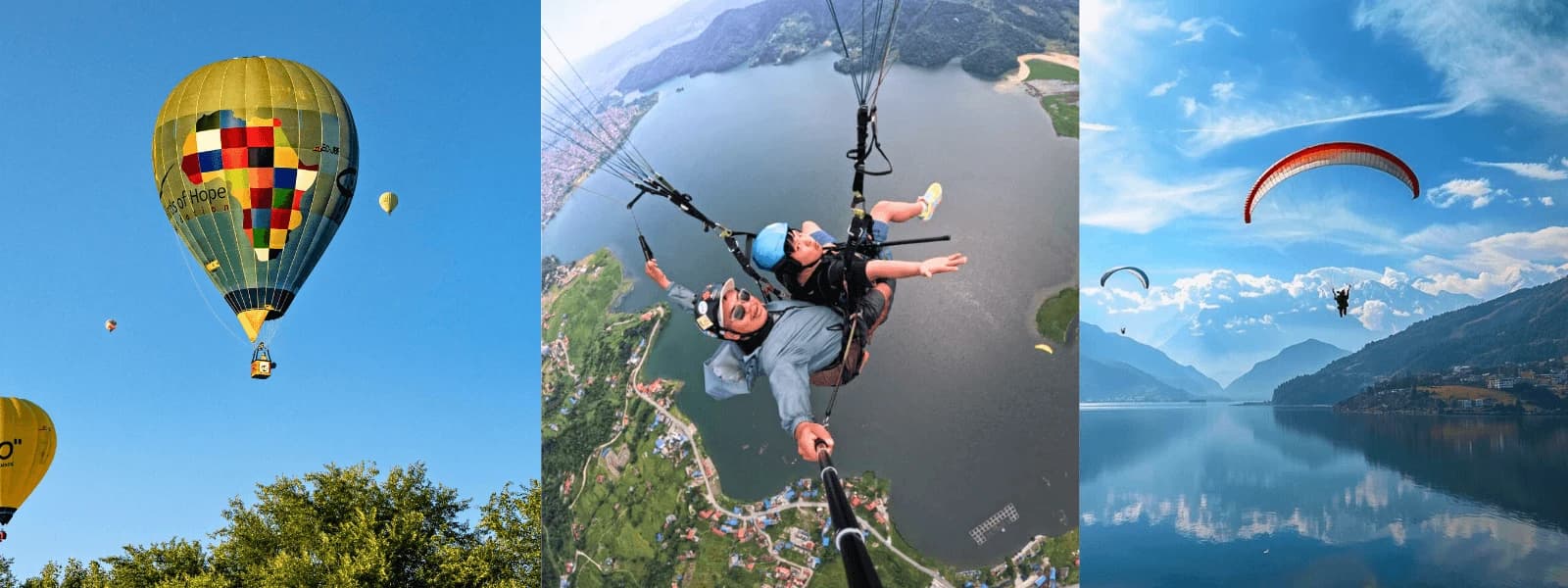 Thrilling tandem paragliding flight over Pokhara Valley with hot air balloon views in the distance.