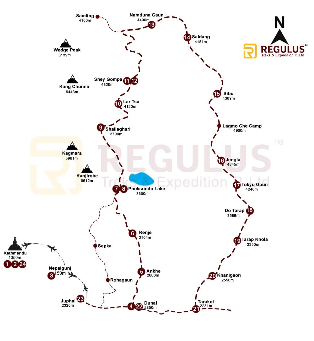 Topographic map of the Upper Dolpo Trek route in Nepal